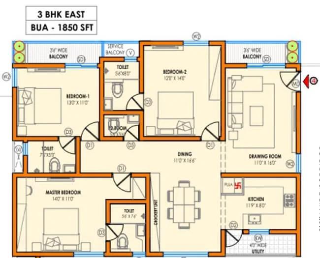 Vasavi Atlantis 3 BHK floor plan, about 1,850 sq ft