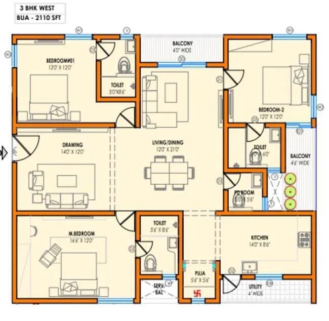 Vasavi Atlantis 3 BHK floor plan, about 2,110 sq ft