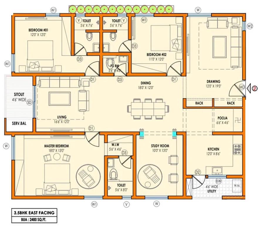 Vasavi Atlantis 3.5 BHK floor plan, about 2,400 sq ft