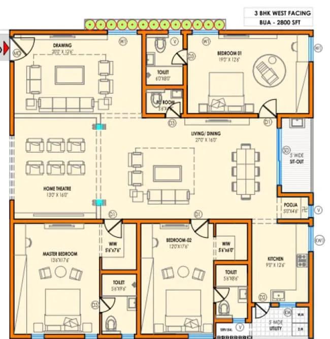 Vasavi Atlantis 3 BHK floor plan, about 2,800 sq ft