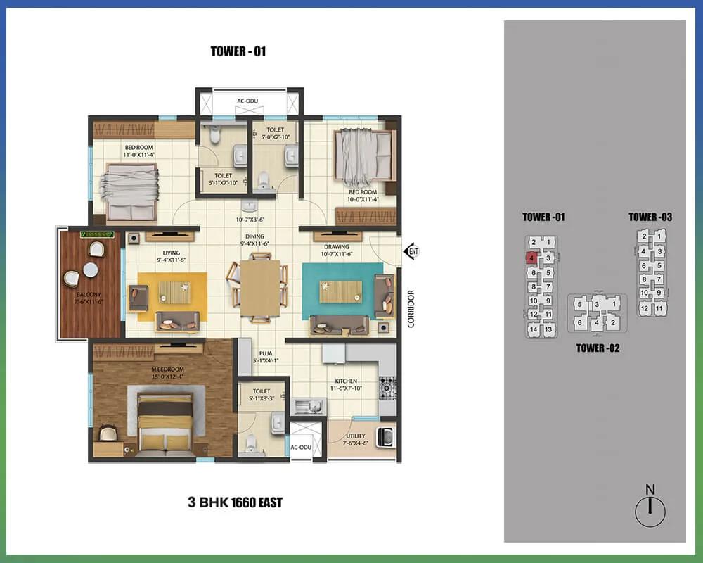 Cybercity Westbrook 3 BHK floor plan, about 1,660 sq ft