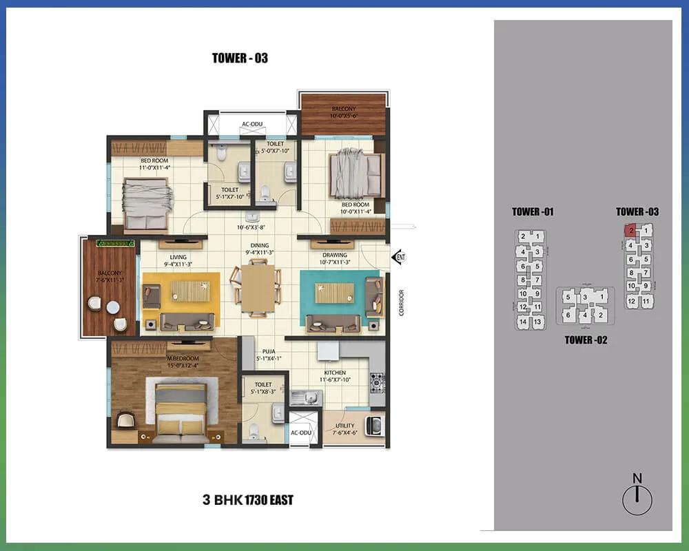Cybercity Westbrook 3 BHK floor plan, about 1,730 sq ft