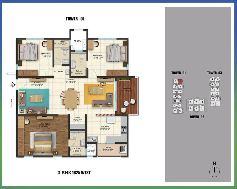 Cybercity Westbrook 3 BHK floor plan, about 1,825 sq ft