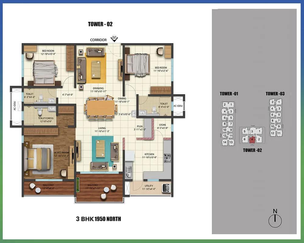 Cybercity Westbrook 3 BHK floor plan, about 1,950 sq ft