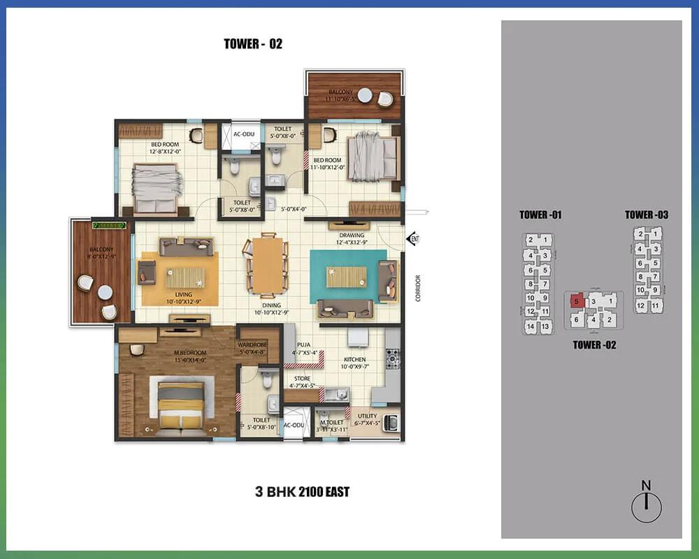Cybercity Westbrook 3 BHK floor plan, about 2,100 sq ft