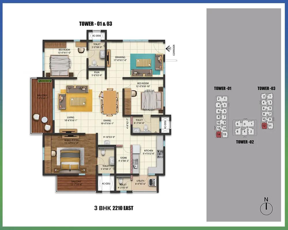 Cybercity Westbrook 3 BHK floor plan, about 2,210 sq ft