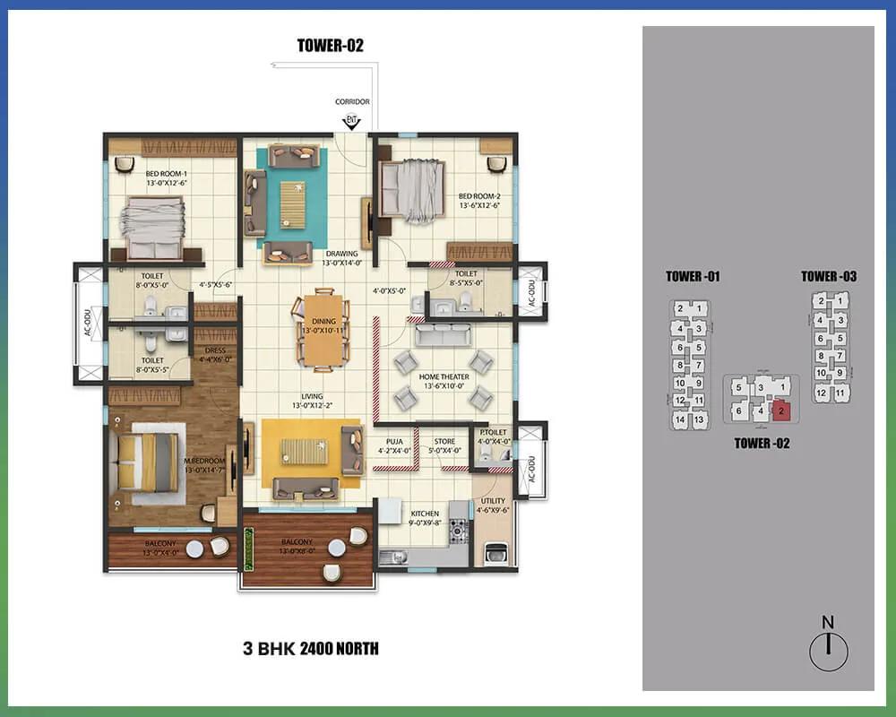 Cybercity Westbrook 3 BHK floor plan, about 2,400 sq ft