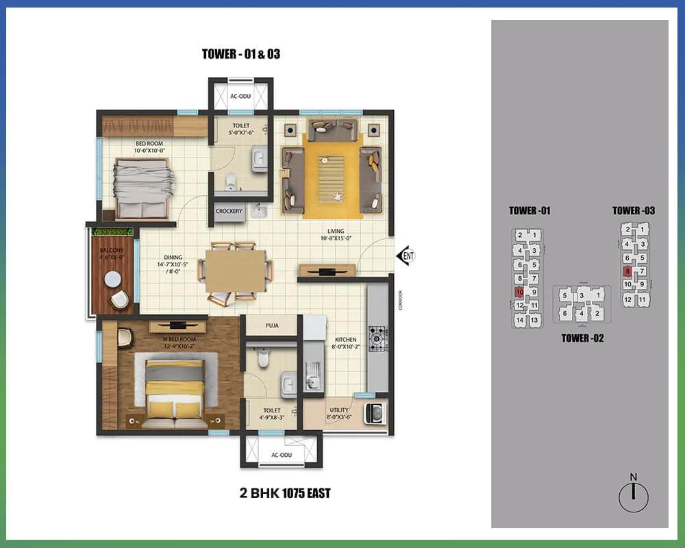 Cybercity Westbrook 2 BHK floor plan, about 1,075 sq ft