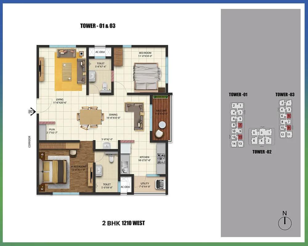 Cybercity Westbrook 2 BHK floor plan, about 1,210 sq ft
