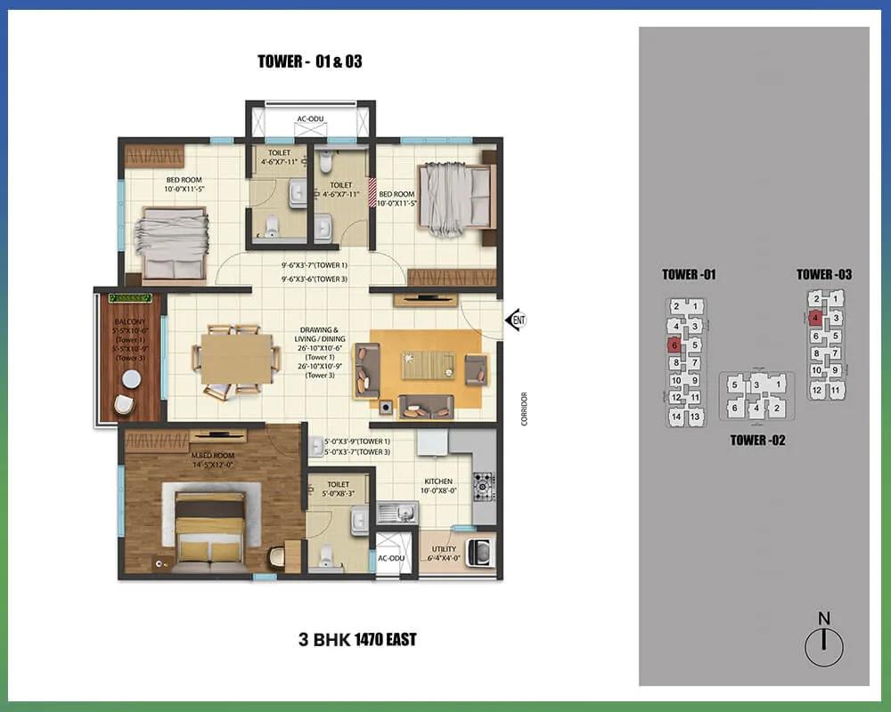 Cybercity Westbrook 3 BHK floor plan, about 1,470 sq ft