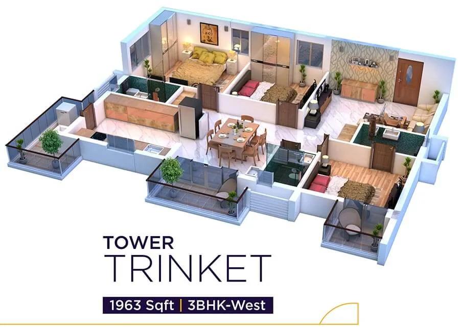 Vaishnavi Houdini 3 BHK floor plan, about 1,963 sq ft