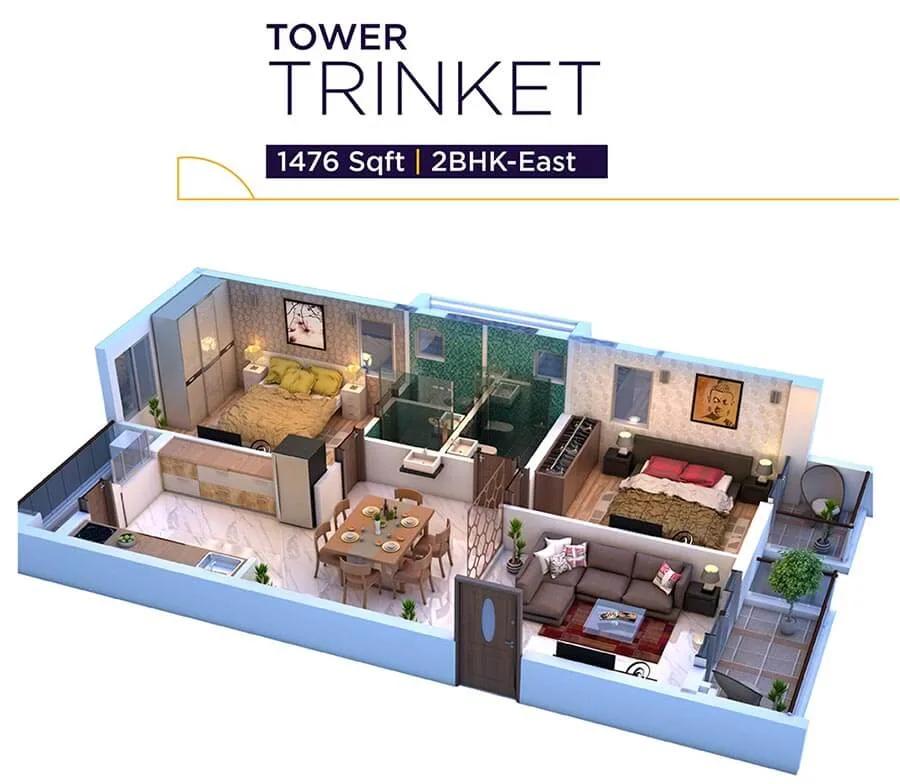 Vaishnavi Houdini 2 BHK floor plan, about 1,476 sq ft