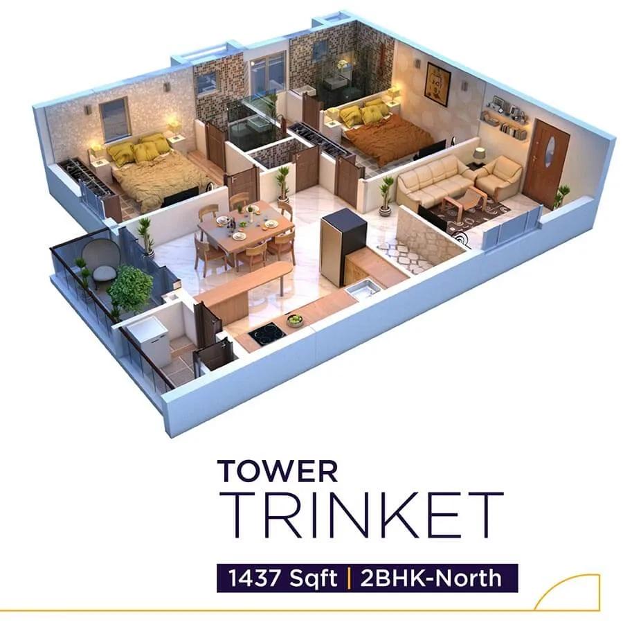 Vaishnavi Houdini 2 BHK floor plan, about 1,437 sq ft