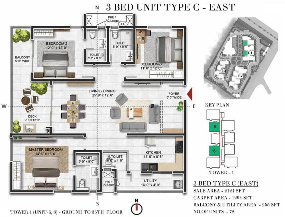 Prestige Beverly Hills 3 BHK floor plan, about 2,124 sq ft