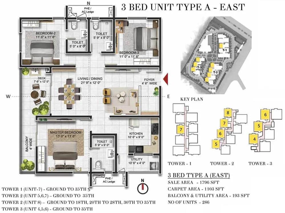 Prestige Beverly Hills 3 BHK floor plan, about 1,796 sq ft