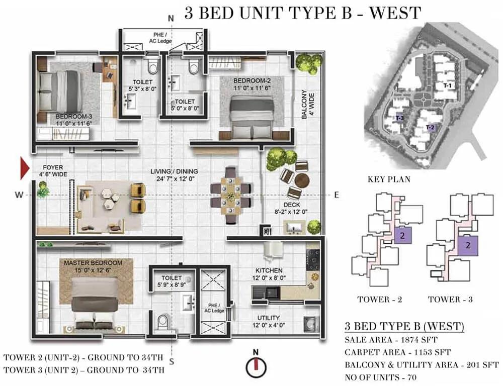 Prestige Beverly Hills 3 BHK floor plan, about 1,874 sq ft