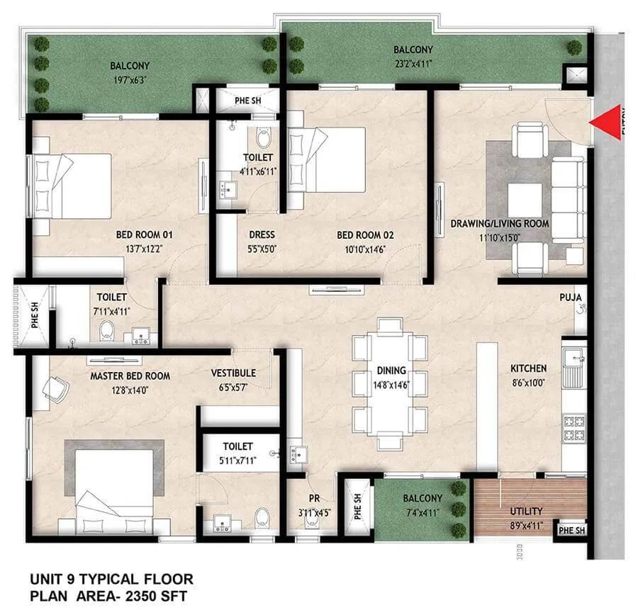 Mahaveer Crystal Garden 3 BHK floor plan, about 2,350 sq ft
