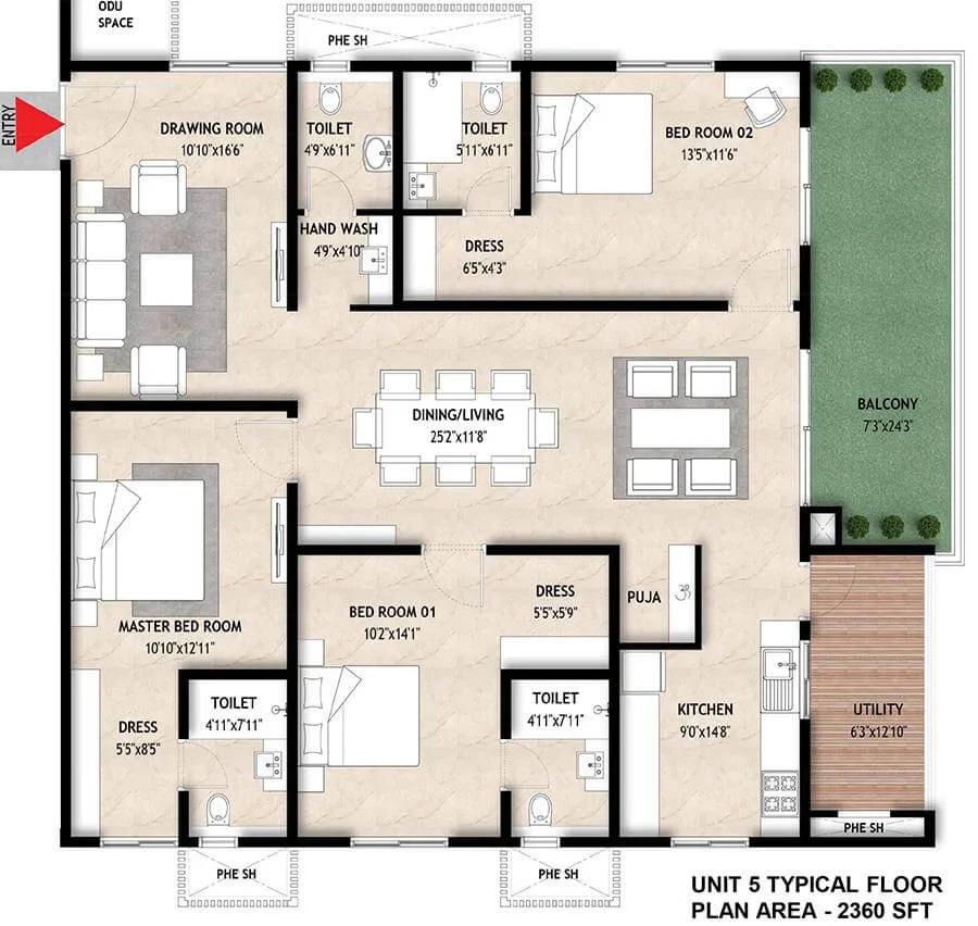Mahaveer Crystal Garden 3 BHK floor plan, about 2,360 sq ft