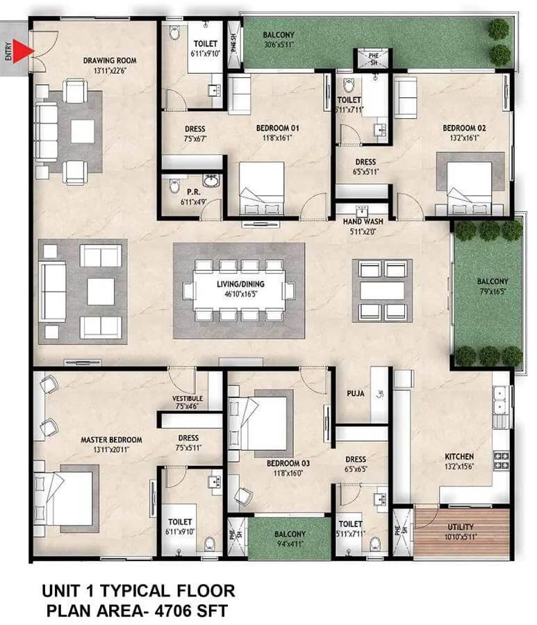 Mahaveer Crystal Garden 4 BHK floor plan, about 4,706 sq ft