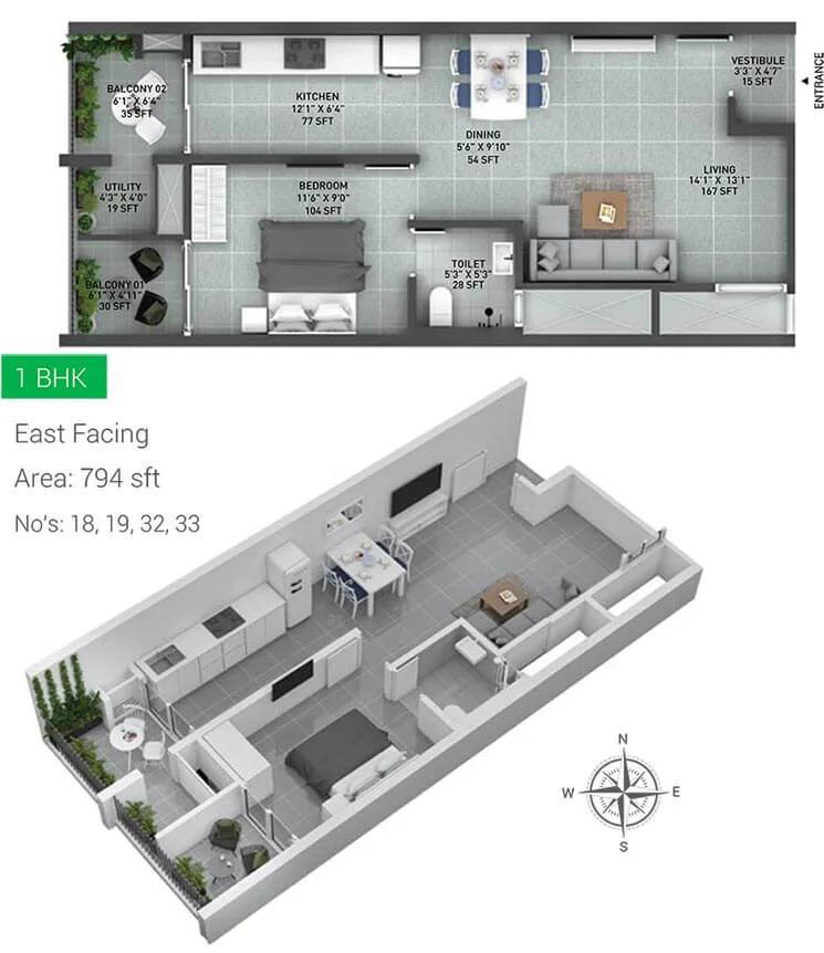 Incor Lake City 1 BHK floor plan, about 794 sq ft