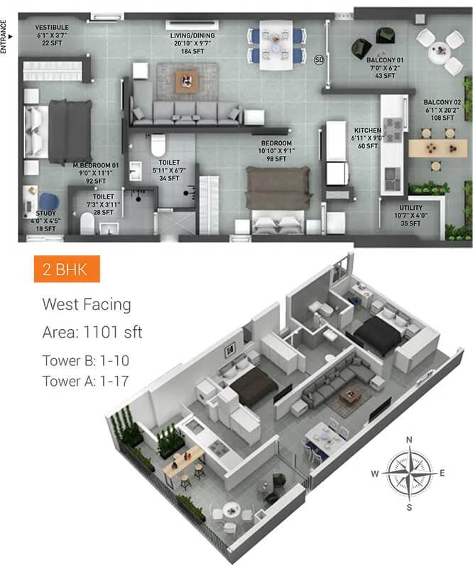 Incor Lake City 2 BHK floor plan, about 1,101 sq ft