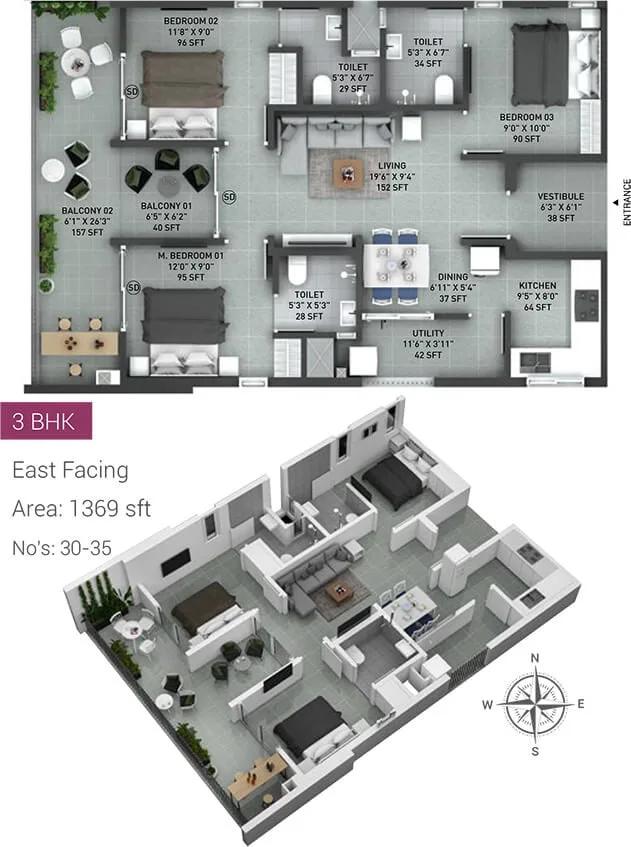 Incor Lake City 3 BHK floor plan, about 1,369 sq ft