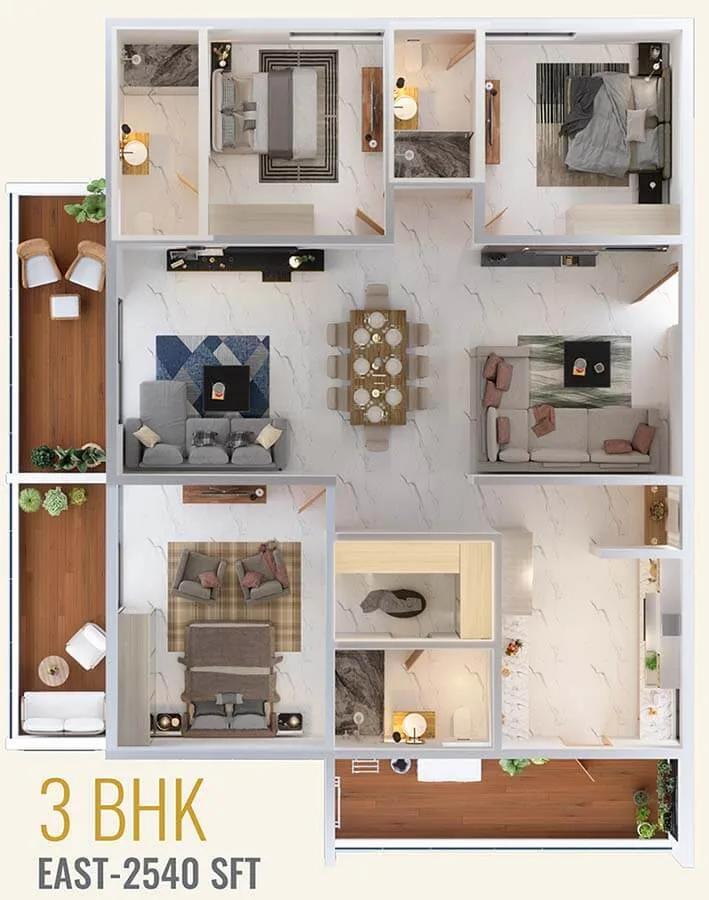 Candeur Crescent 3 BHK floor plan, about 2,540 sq ft