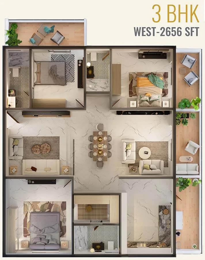 Candeur Crescent 3 BHK floor plan, about 2,656 sq ft