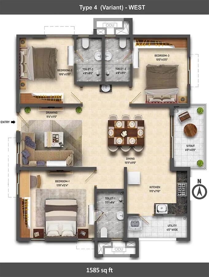 Ramky One Symphony 3 BHK floor plan, about 1,585 sq ft
