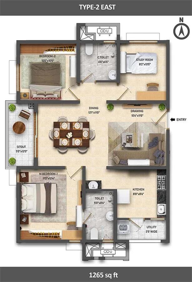 Ramky One Symphony 2.5 BHK floor plan, about 1,265 sq ft