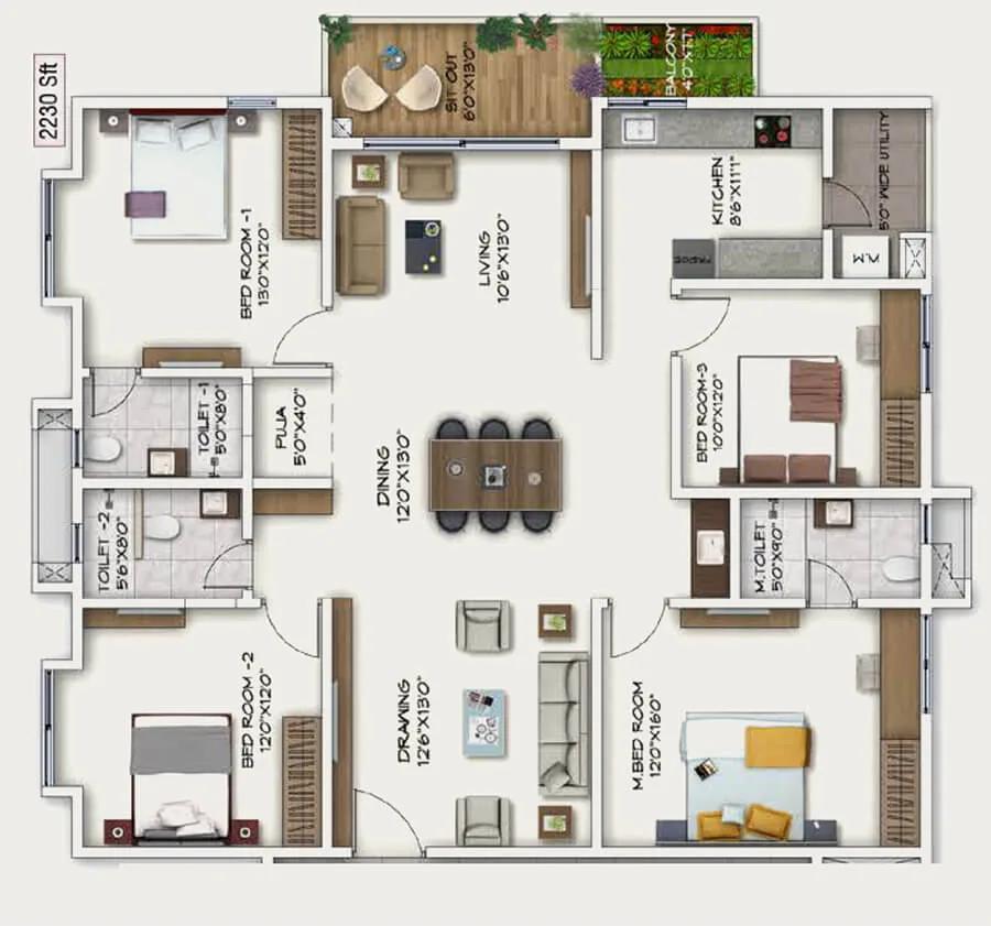 Sukhii Ubuntu 4 BHK floor plan, about 2,230 sq ft