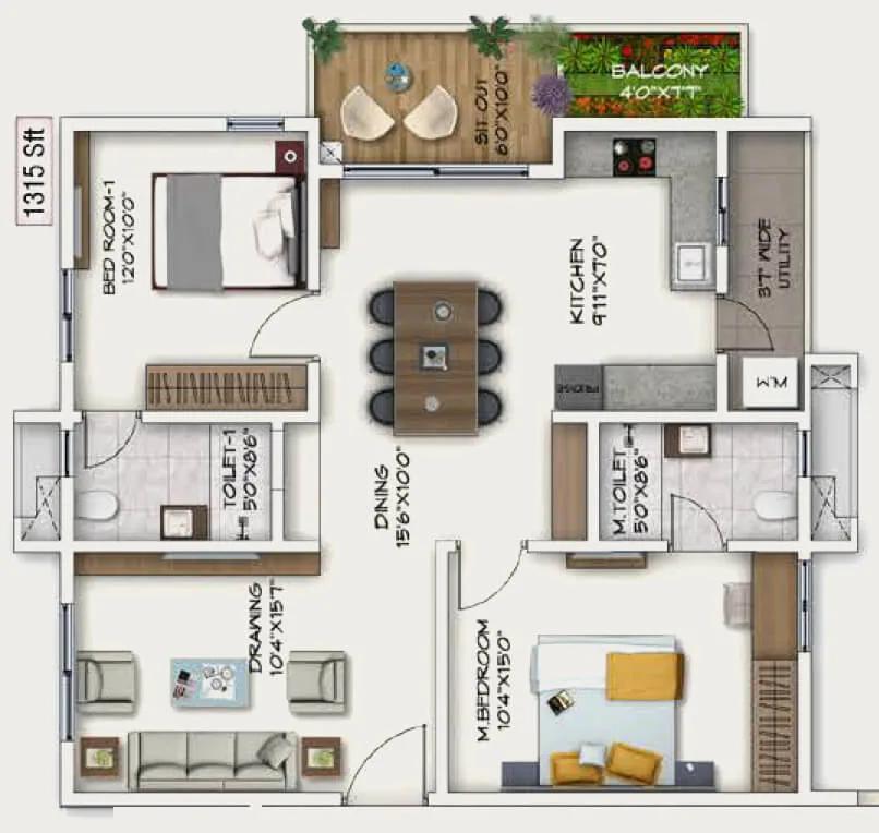 Sukhii Ubuntu 2 BHK floor plan, about 1,315 sq ft