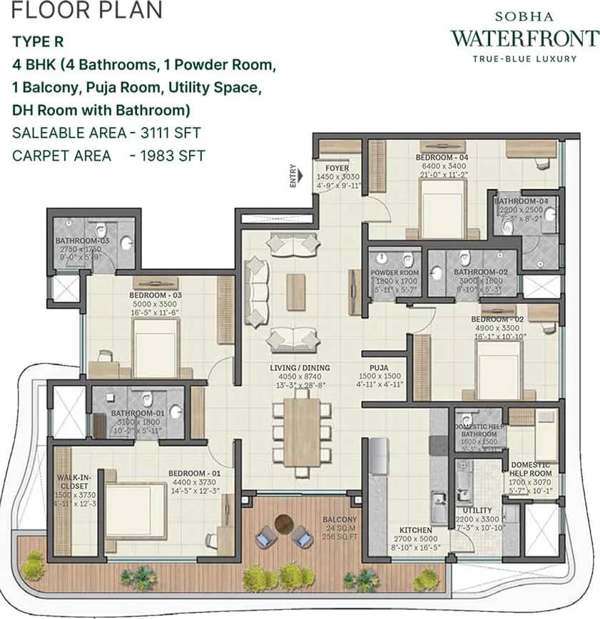 Sobha Waterfront 4 BHK floor plan, about 3,111 sq ft