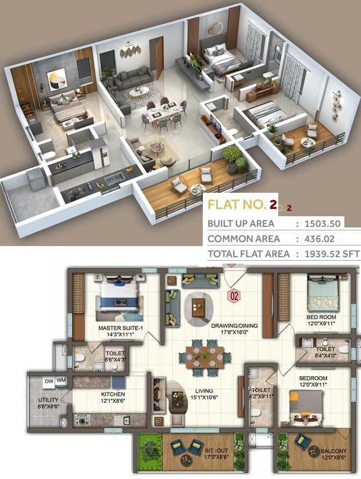 Candeur Twins 3 BHK floor plan, about 1,939 sq ft