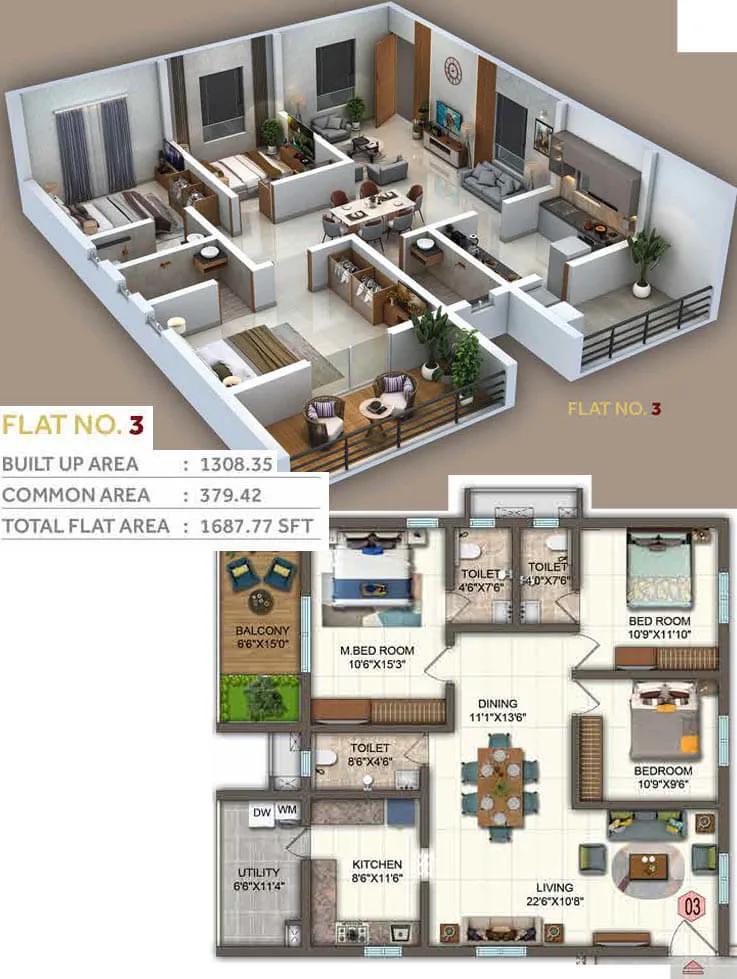 Candeur Twins 3 BHK floor plan, about 1,687 sq ft