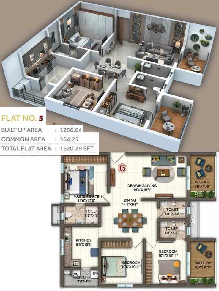 Candeur Twins 3 BHK floor plan, about 1,620 sq ft