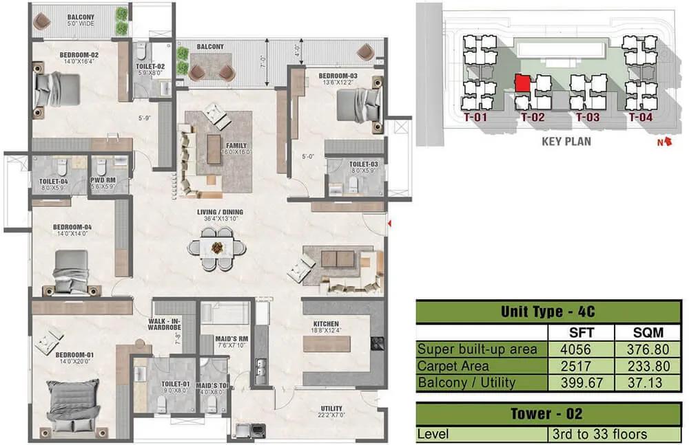 Prestige Clairmont 4 BHK floor plan, about 4,056 sq ft
