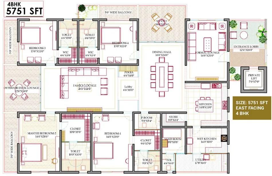 Western Marina 4 BHK floor plan, about 5,751 sq ft