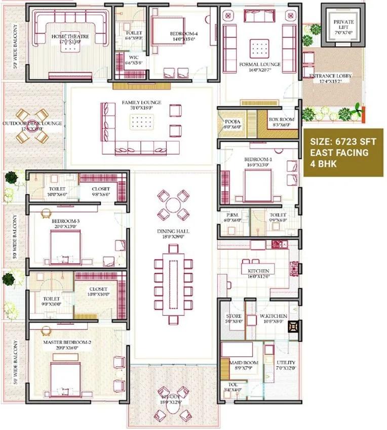 Western Marina 4 BHK floor plan, about 6,723 sq ft