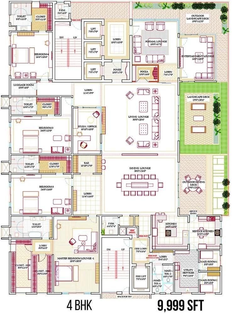 Western Marina 4 BHK floor plan, about 9,999 sq ft