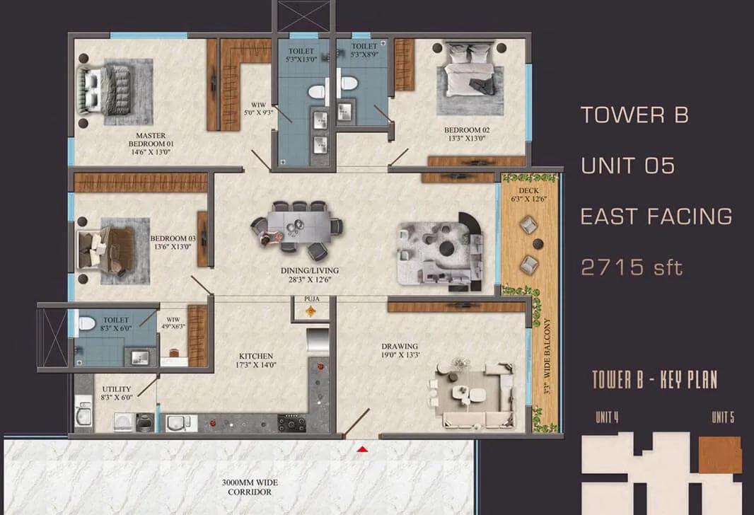 SAS Diamond Towers 3 BHK floor plan, about 2,715 sq ft