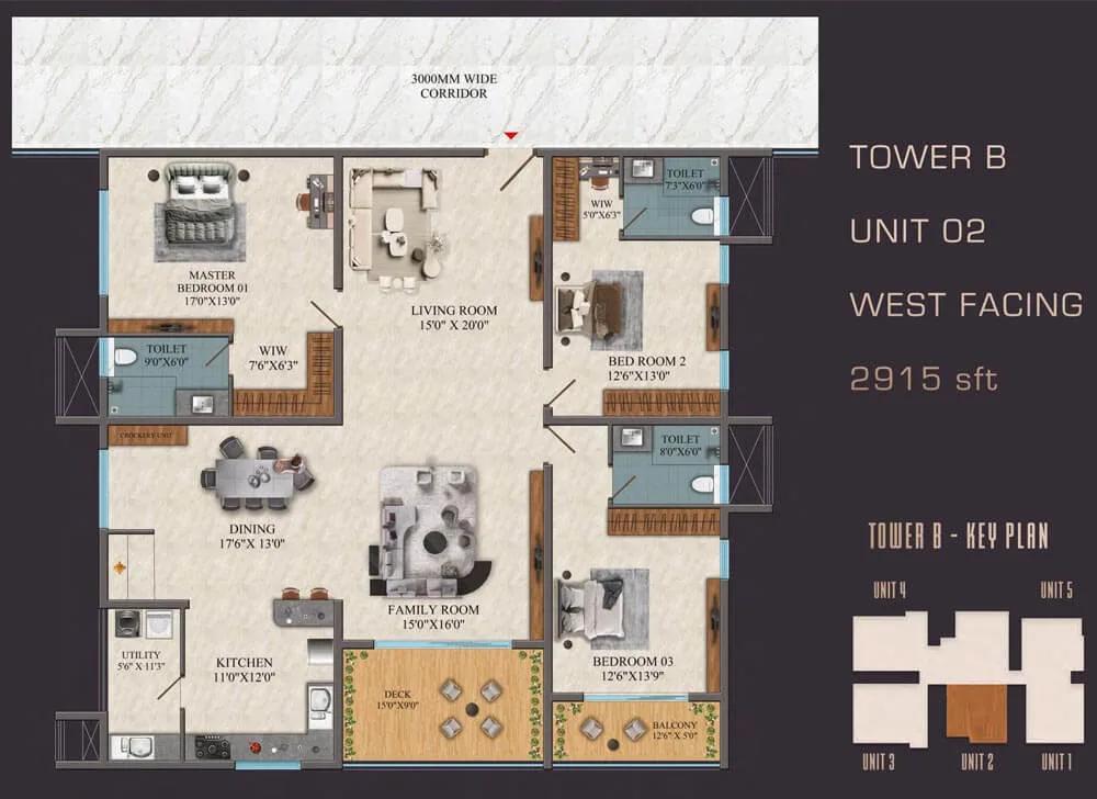 SAS Diamond Towers 3 BHK floor plan, about 2,915 sq ft