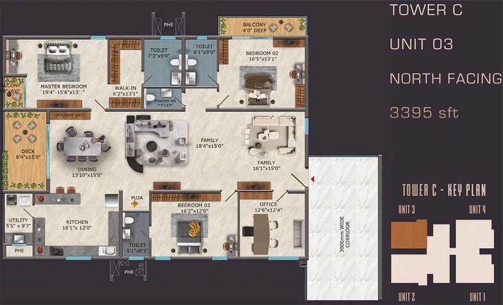 SAS Diamond Towers 3 BHK floor plan, about 3,395 sq ft