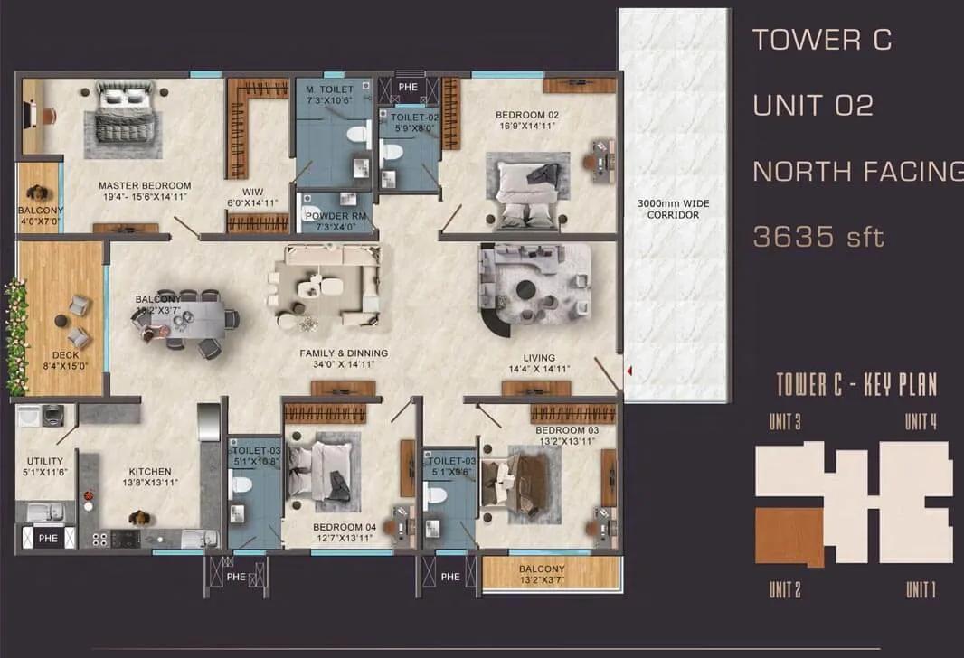 SAS Diamond Towers 4 BHK floor plan, about 3,635 sq ft