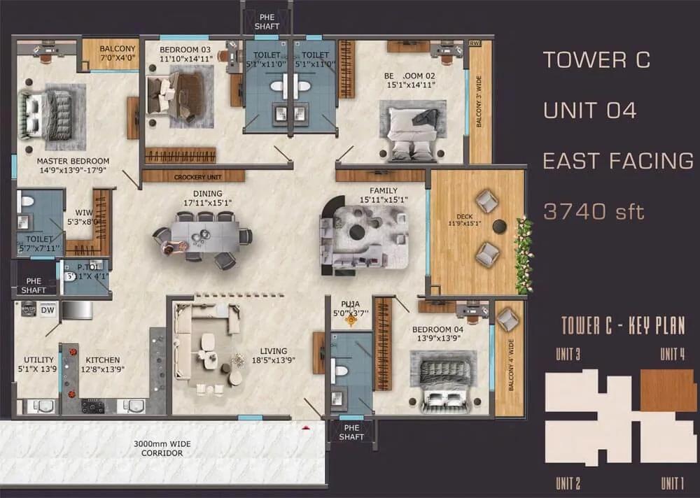 SAS Diamond Towers 4 BHK floor plan, about 3,740 sq ft