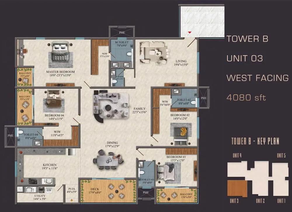 SAS Diamond Towers 4 BHK floor plan, about 4,080 sq ft