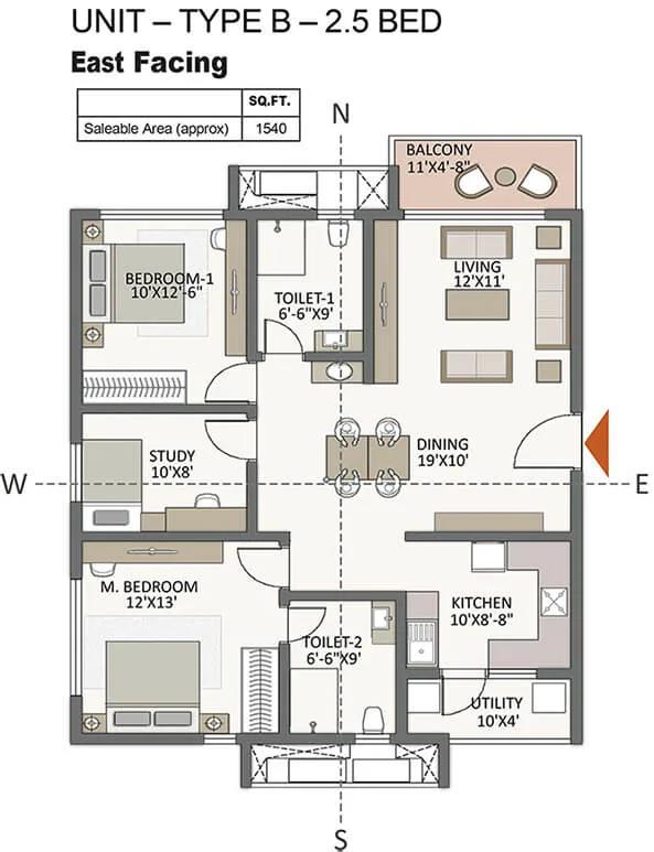 Prestige City Hyderabad Apartments 2.5 BHK floor plan, about 1,540 sq ft