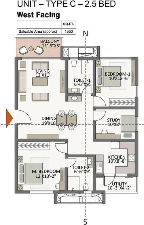 Prestige City Hyderabad Apartments 2.5 BHK floor plan, about 1,550 sq ft