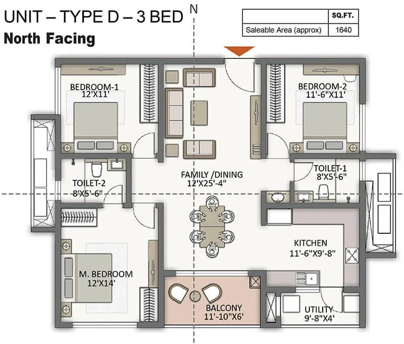 Prestige City Hyderabad Apartments 3 BHK floor plan, about 1,640 sq ft