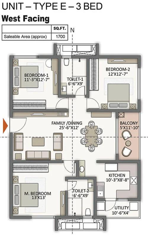 Prestige City Hyderabad Apartments 3 BHK floor plan, about 1,700 sq ft